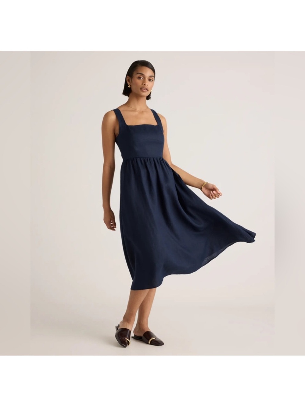 Quince 100% European Linen Fit & Flare Midi Dress in Deep Navy XS